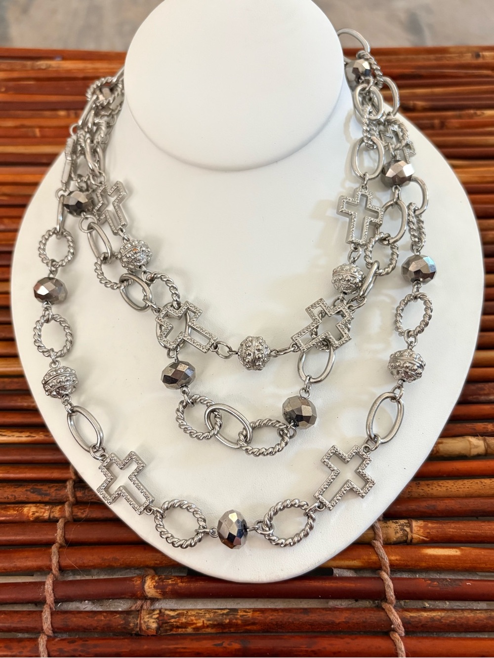Premier Designs Silver-Tone Multi-Strand Cross & Link Necklace 16”-20”